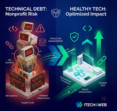 Infographic comparing technical debt risks versus healthy optimized tech infrastructure for nonprofits, by ITechWeb.